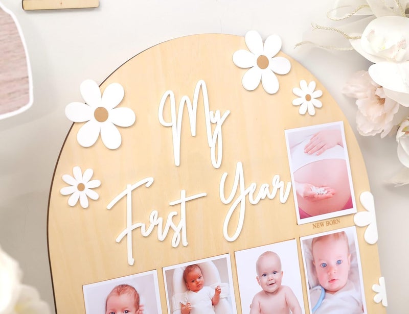 FLhdM My First Year Photo Frame Board, 1st Birthday Girl Boy Gifts, Newborn Newmom Gift, 1 Year Old Girls Gifts, One Year Birthday Party Decorations, Baby Shower Baptism Favors, 12 Months Milestone - Image 4